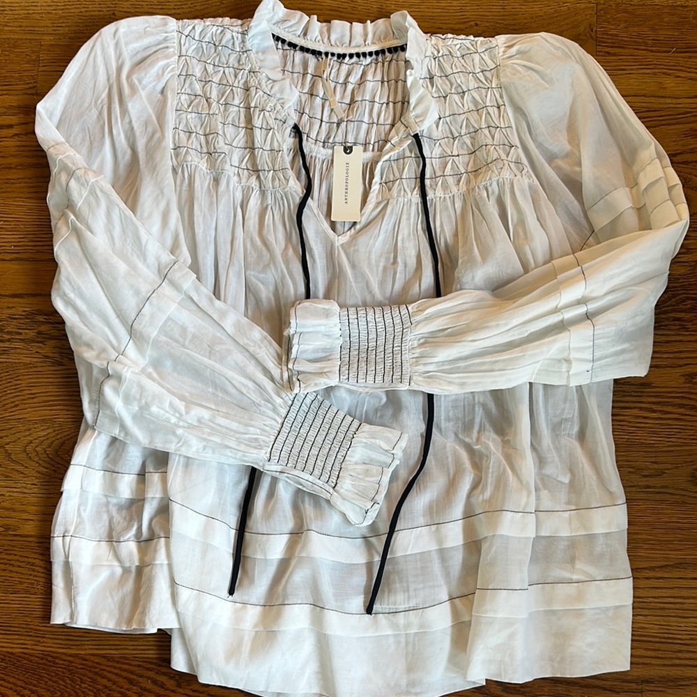 Anthropologie White Blouse with Navy Accents